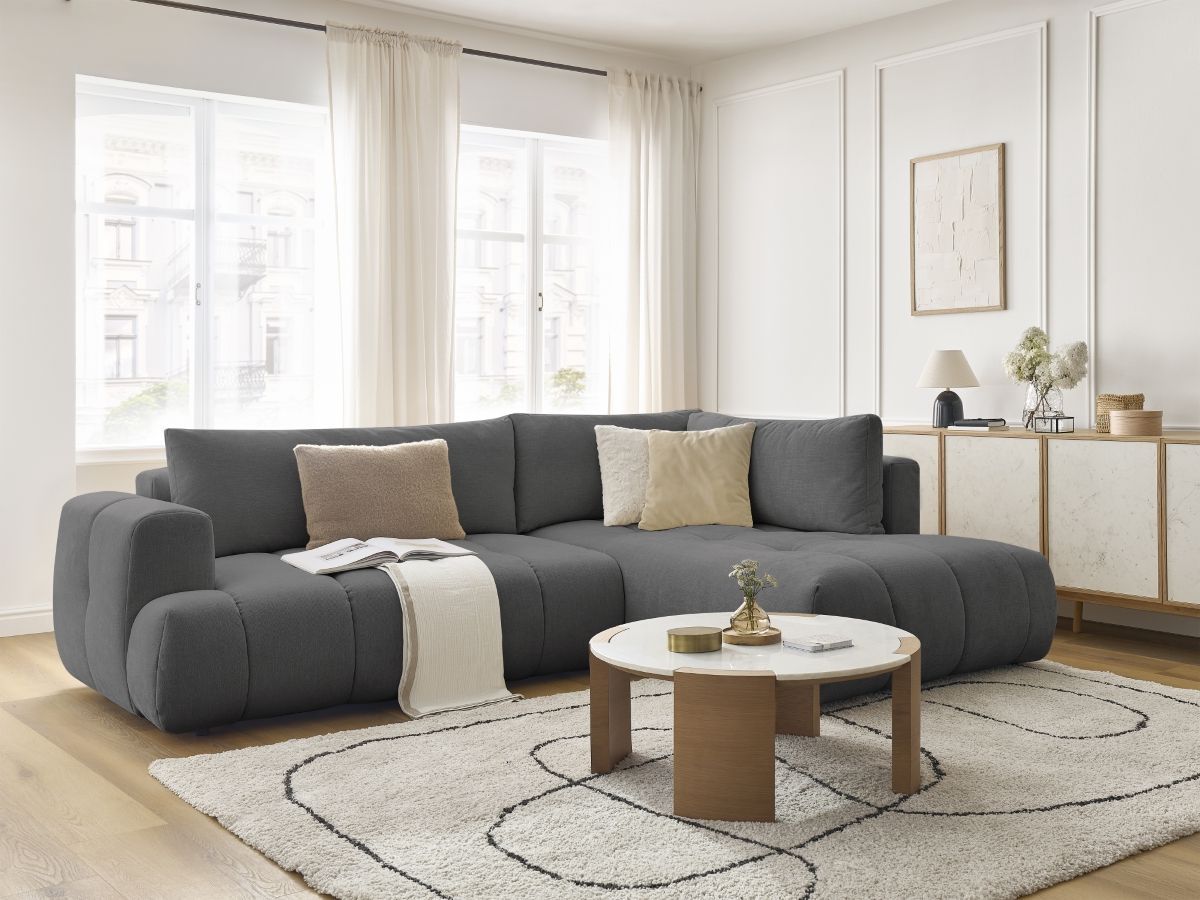 Bobochic Fuji Ecksofa mit Schlaffunktion und Bettkasten 282 × 204 cm Stoff Dunkelgrau Ecke rechts