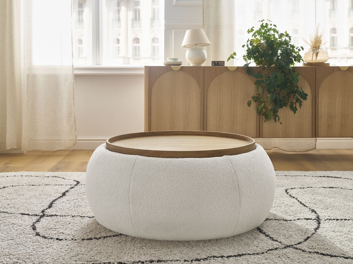 Bobochic Hayden Pouf mit Tablett, rund Bouclé-Stoff Weiß, 87 cm