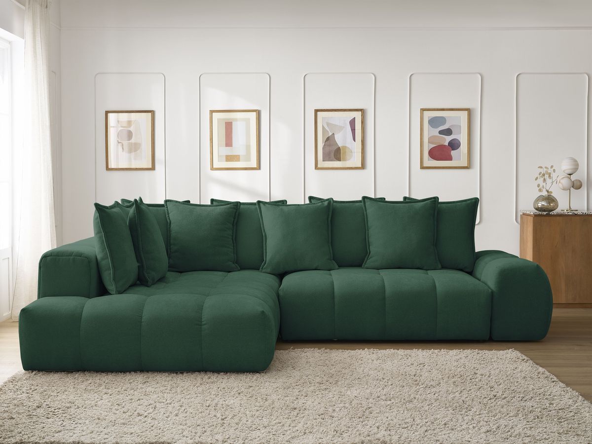 Bobochic Everest Ecksofa mit Schlaffunktion und Bettkasten 320 × 212 cm, 10 Kissen Strukturstoff Grün Ecke links