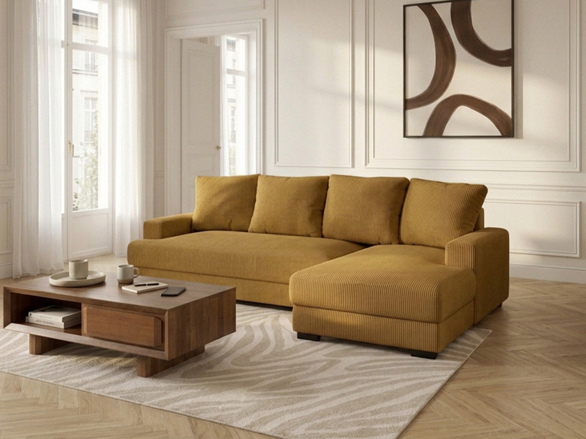 Bobochic Campi Ecksofa mit Schlaffunktion und Bettkasten Cordsamt Gelb Ecke rechts