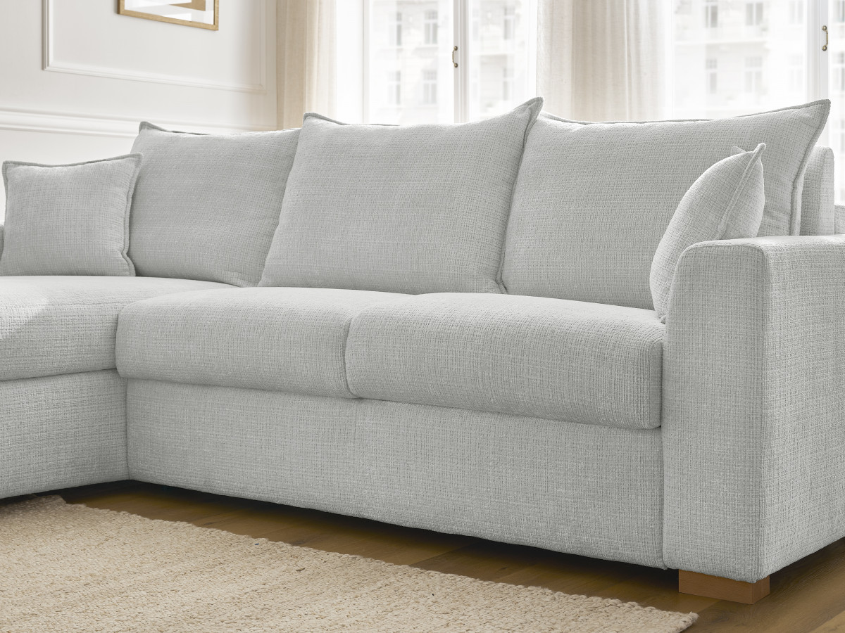 Bobochic Augustin Ecksofa mit Schlaffunktion und Bettkasten Strukturstoff Hellgrau, Liegefläche 140 × 200 cm