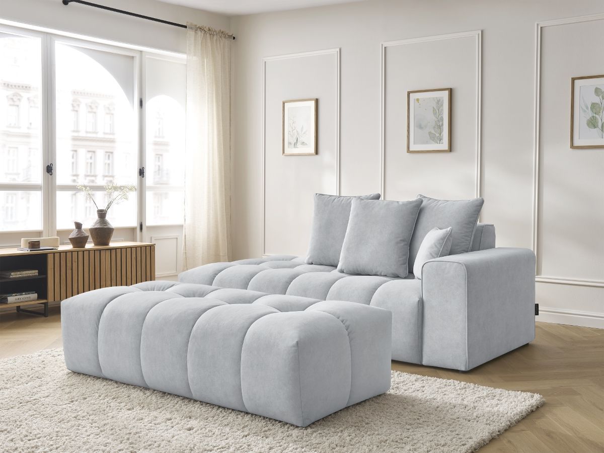 Bobochic Mont-blanc Sofa 5-Sitzer mit Pouf Samt Hellgrau Armlehne rechts