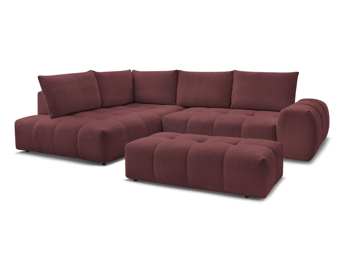 Bobochic Everest Ecksofa mit Schlaffunktion und Bettkasten und Pouf 320 × 212 cm, 5 Kissen Melange-Stoff Rot Ecke links