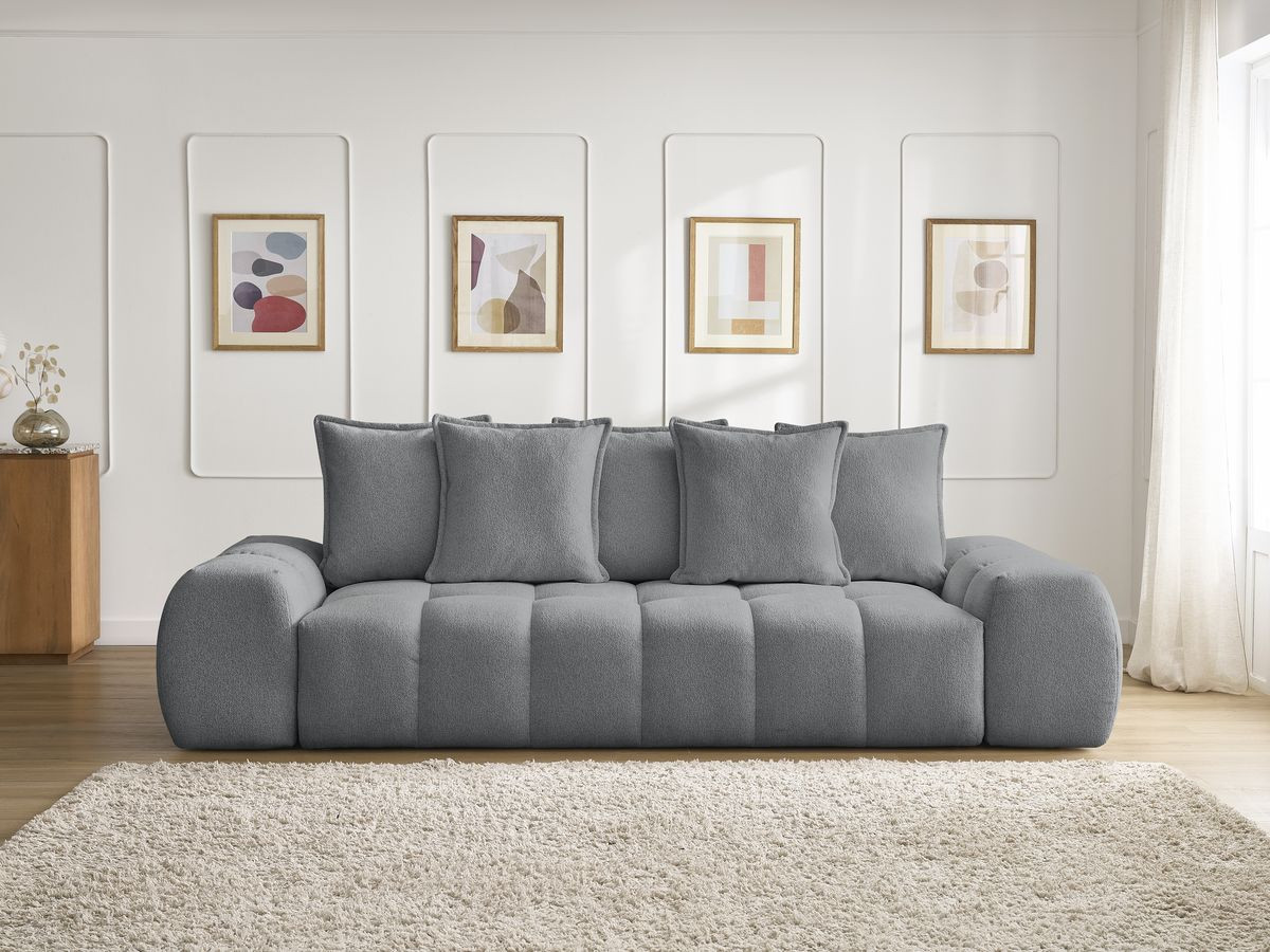 Bobochic Everest Schlafsofa 3-Sitzer mit Bettkasten, 5 Kissen Melange-Stoff Dunkelgrau