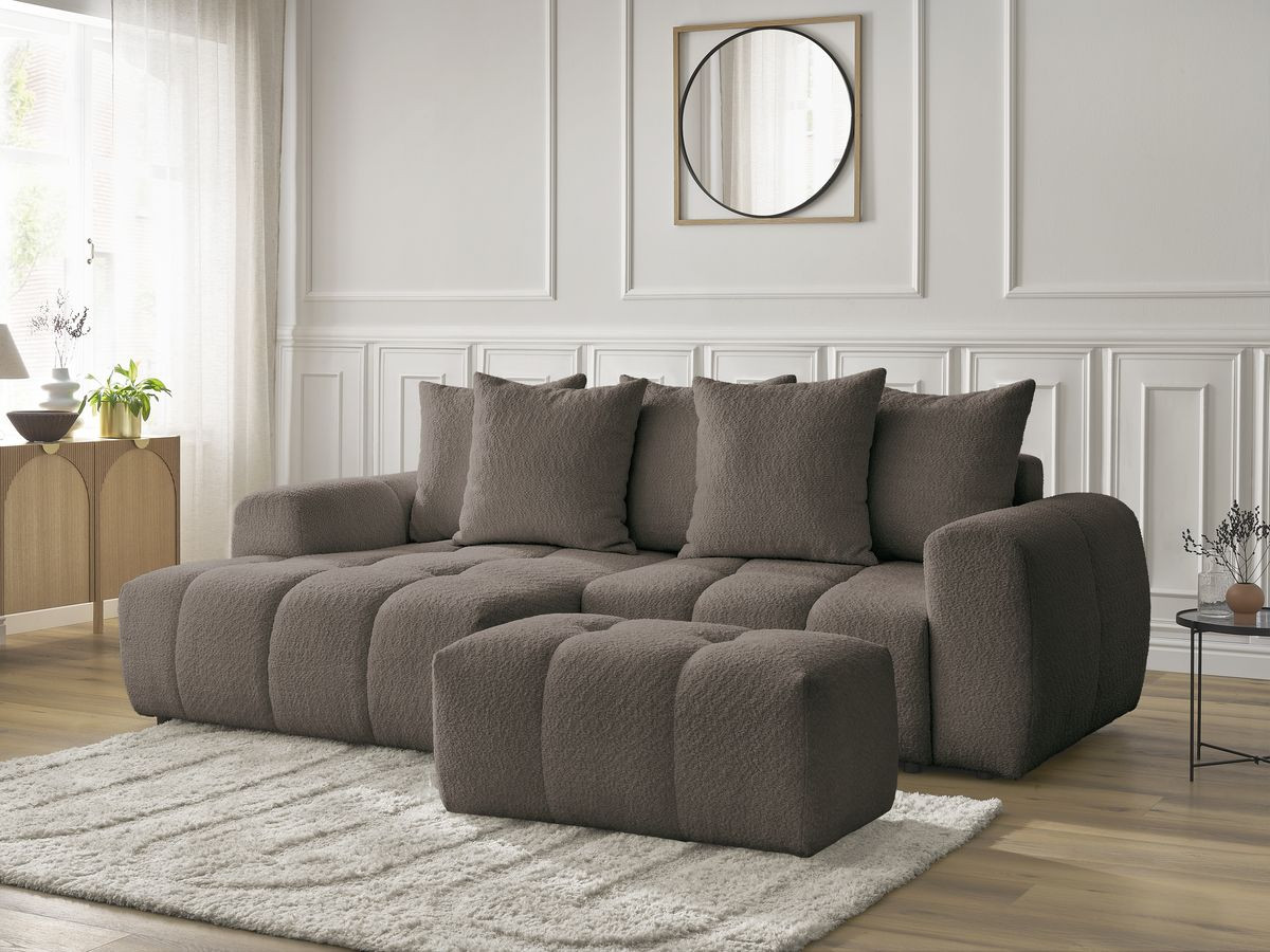 Bobochic Roxelane Ecksofa mit Schlaffunktion und Bettkasten und Pouf 258 × 150 cm Bouclé-Stoff Braun Ecke links