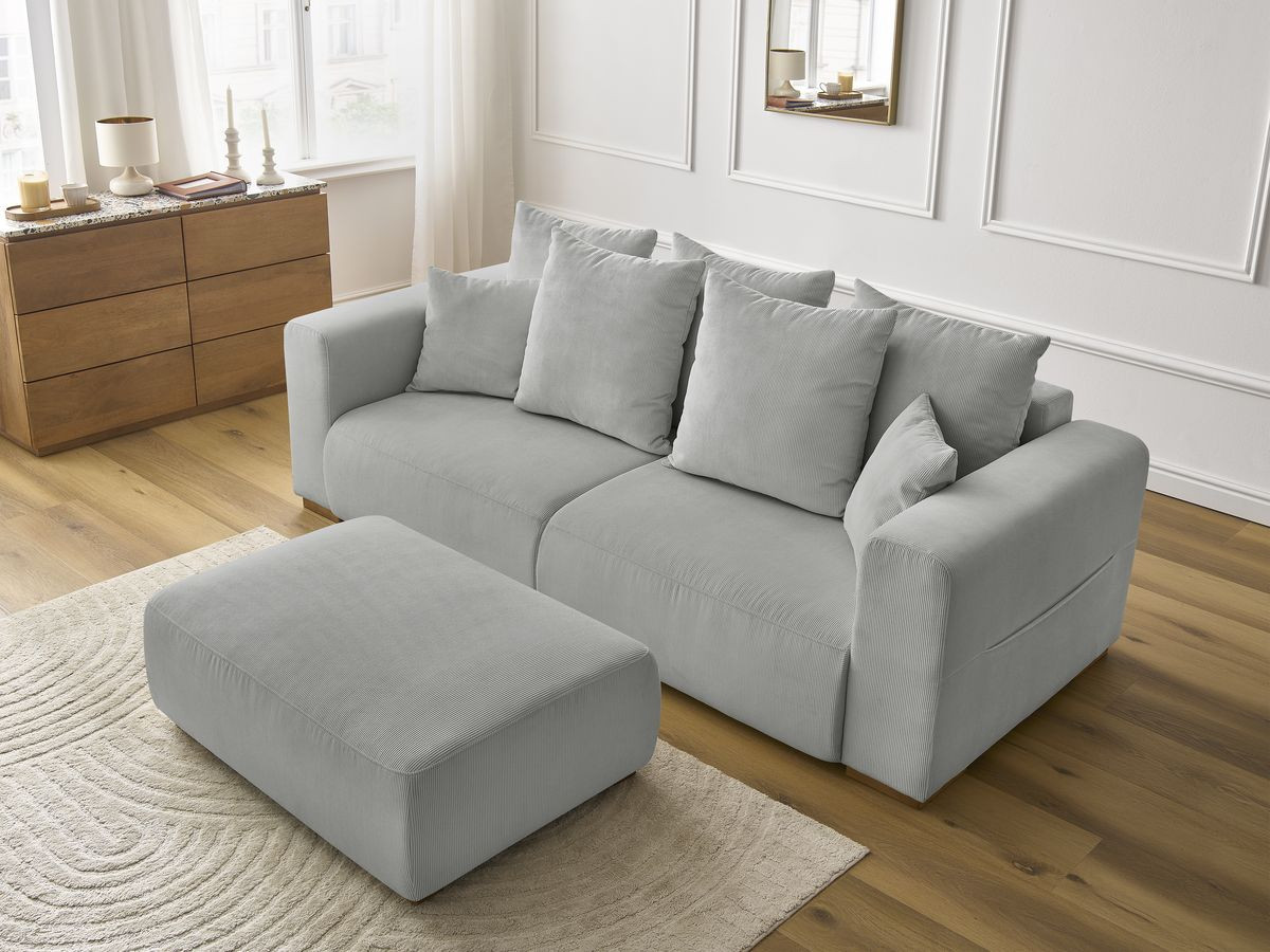 Bobochic Sidonie Sofa 4-Sitzer mit Pouf Cordsamt Hellgrau