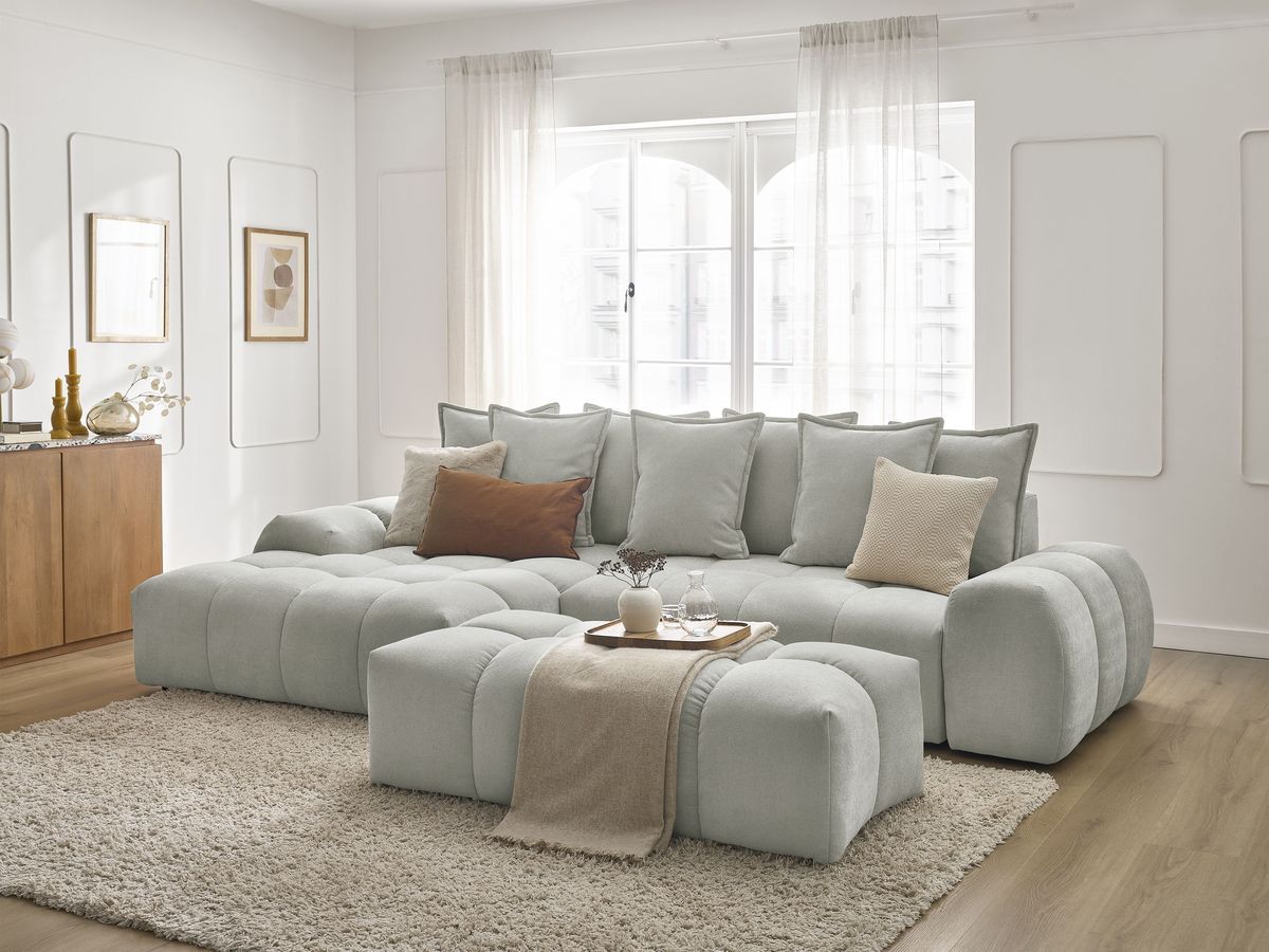 Bobochic Everest Ecksofa mit Schlaffunktion und Bettkasten und Pouf 318 × 180 cm, 7 Kissen Strukturstoff Hellgrau Ecke links