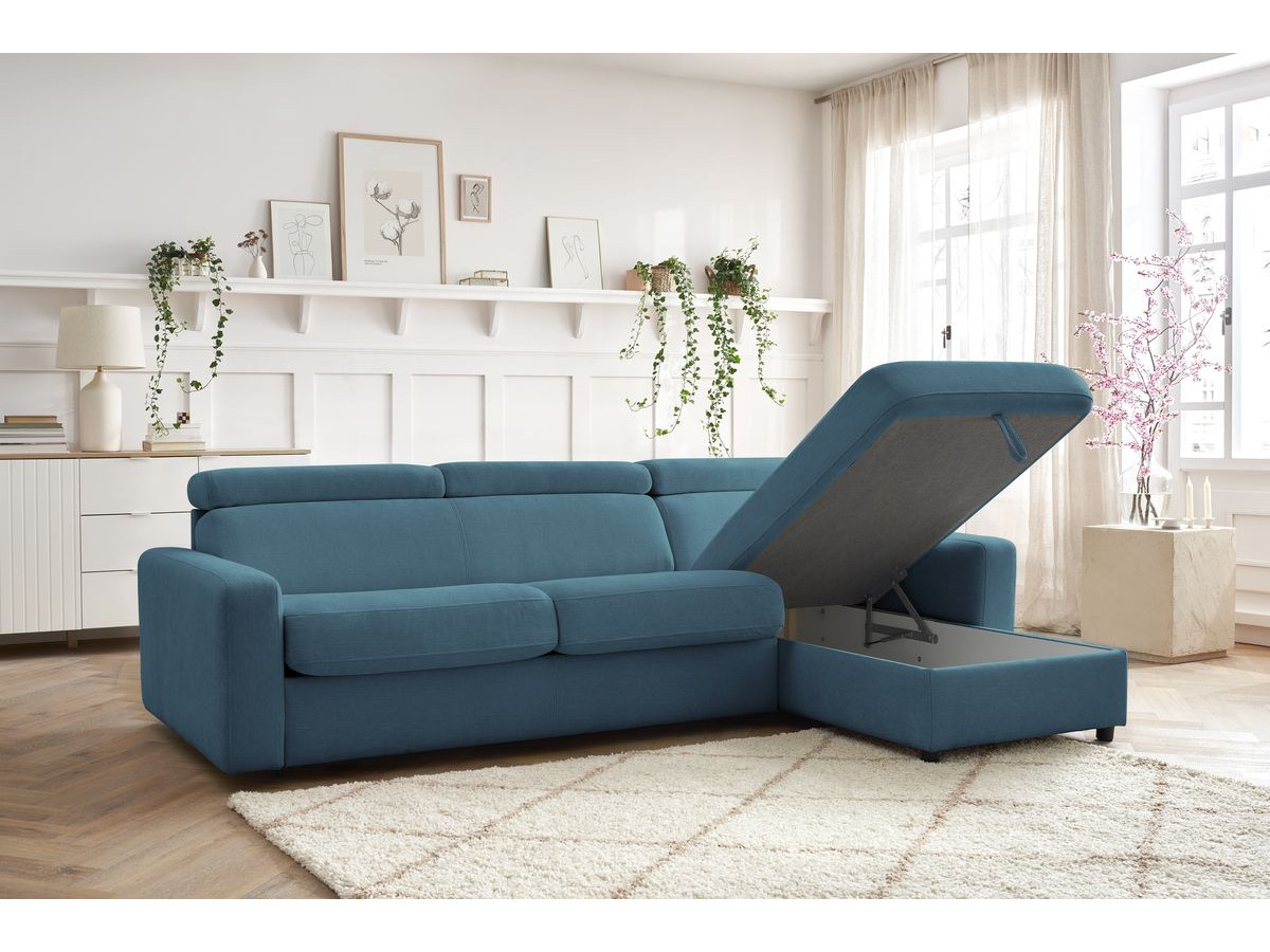 Bobochic Monaco Ecksofa mit Schlaffunktion und Bettkasten Stoff Hellblau, Liegefläche 160 × 190 cm