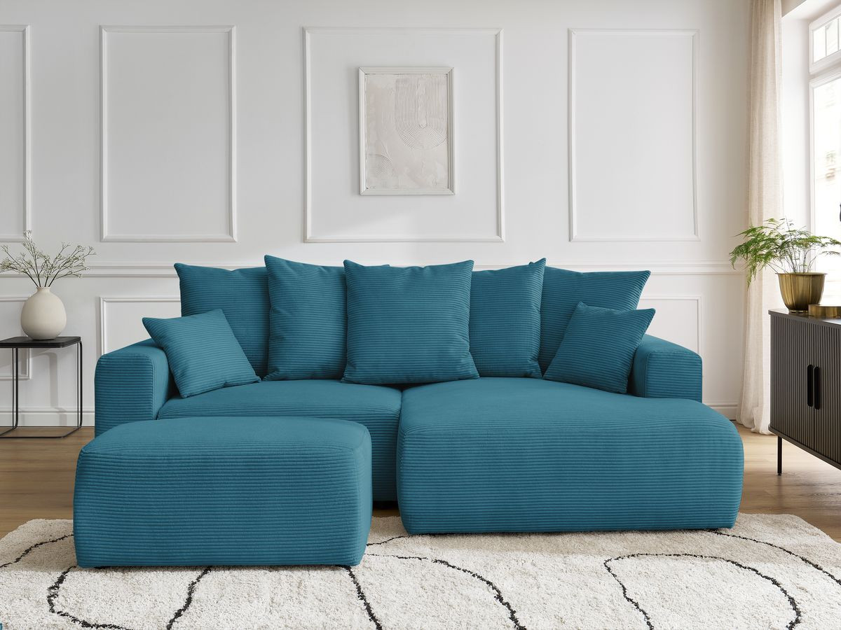 Bobochic Atilla Ecksofa mit Schlaffunktion und Bettkasten und Pouf Cordsamt Hellblau Ecke rechts