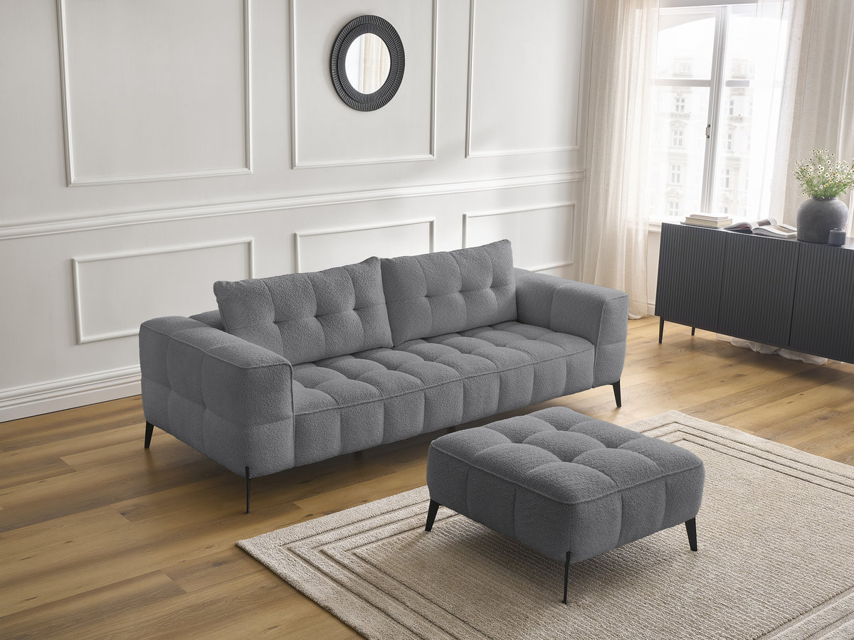 Bobochic Anis Sofa 3-Sitzer mit Pouf Bouclé-Stoff Dunkelgrau