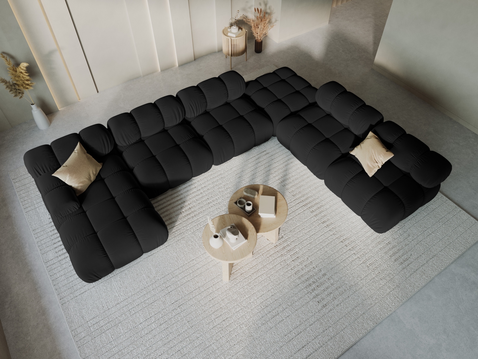 Micadoni Modulares Panorama Ecksofa Bellis 7-Sitzer Rechts Samt Bluvel Schwarz