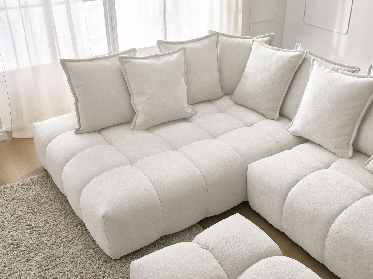 Bobochic Everest Ecksofa mit Schlaffunktion und Bettkasten und Pouf 320 × 212 cm, 10 Kissen Strukturstoff Weiß Ecke links