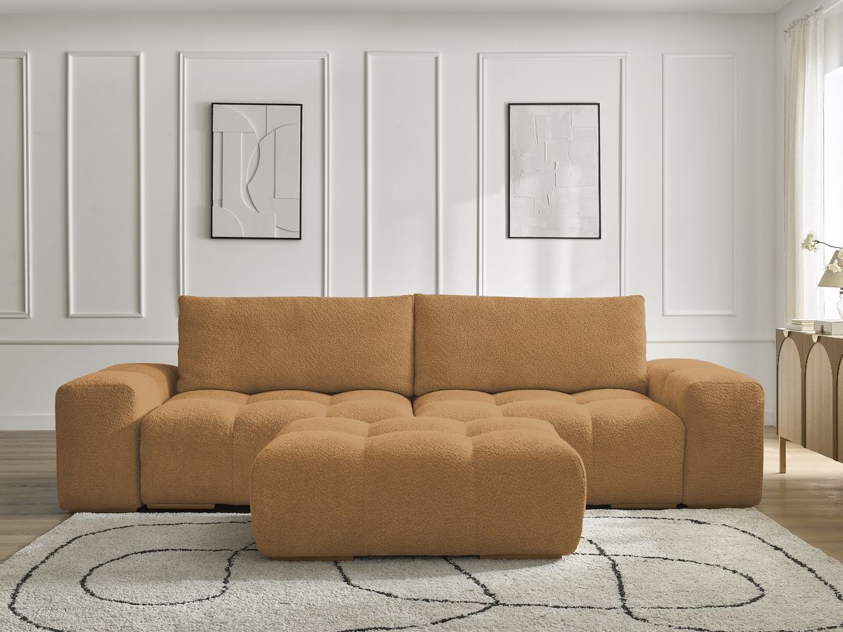 Bobochic Anakin Sofa 3-Sitzer mit Pouf, 2 Kissen Bouclé-Stoff Gelb