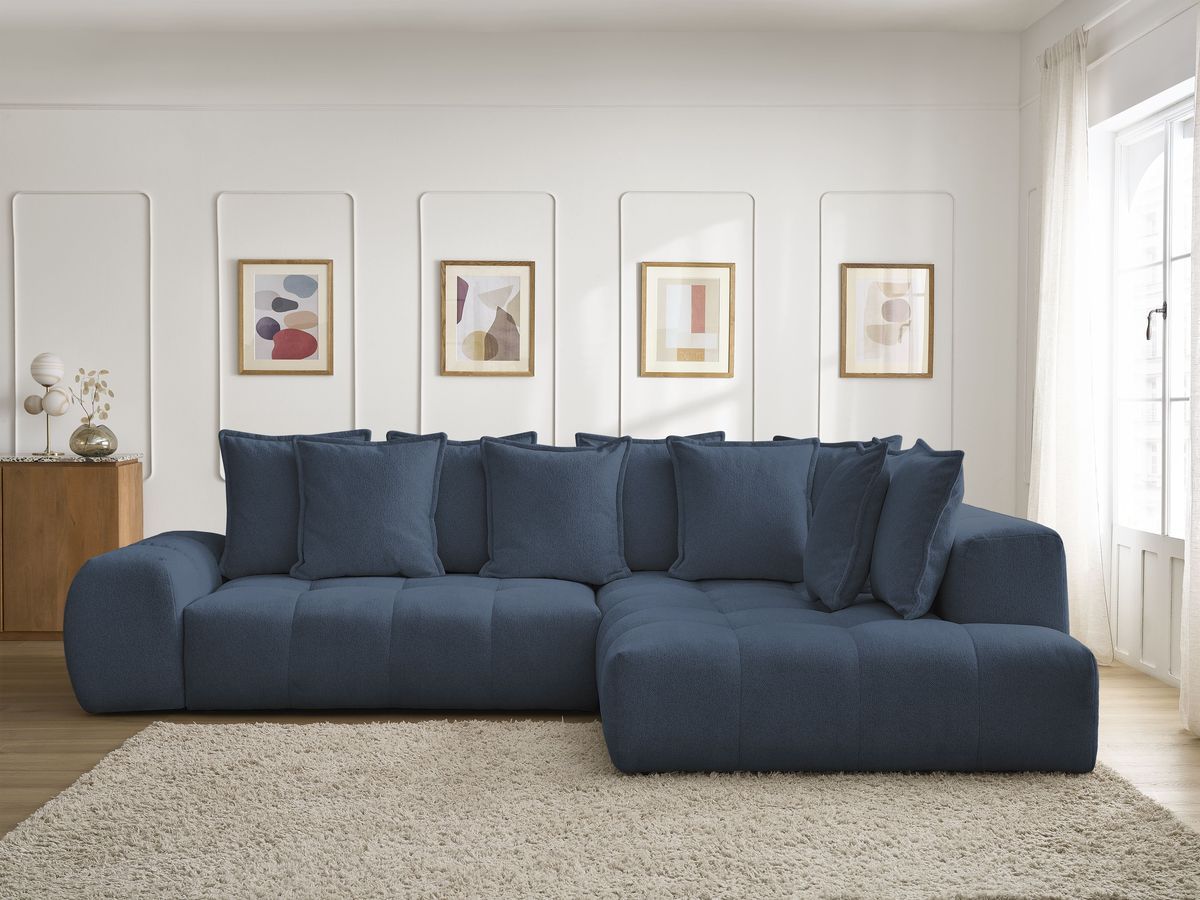 Bobochic Everest Ecksofa mit Schlaffunktion und Bettkasten 320 × 212 cm, 10 Kissen Melange-Stoff Dunkelblau Ecke rechts