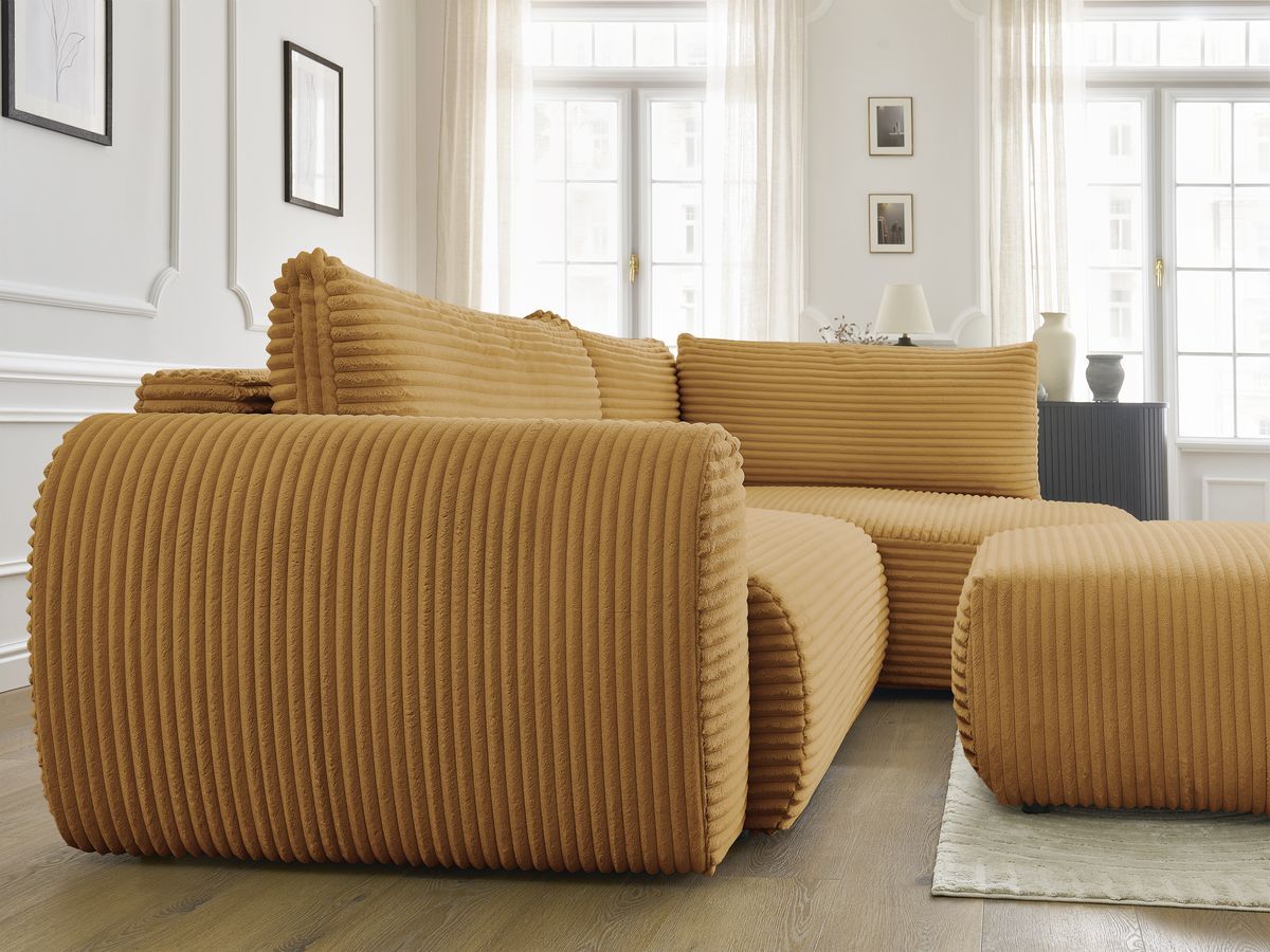 Bobochic Lucien Ecksofa mit Schlaffunktion und Bettkasten und Pouf 296 × 198 cm Breitcord weich Gelb Ecke rechts