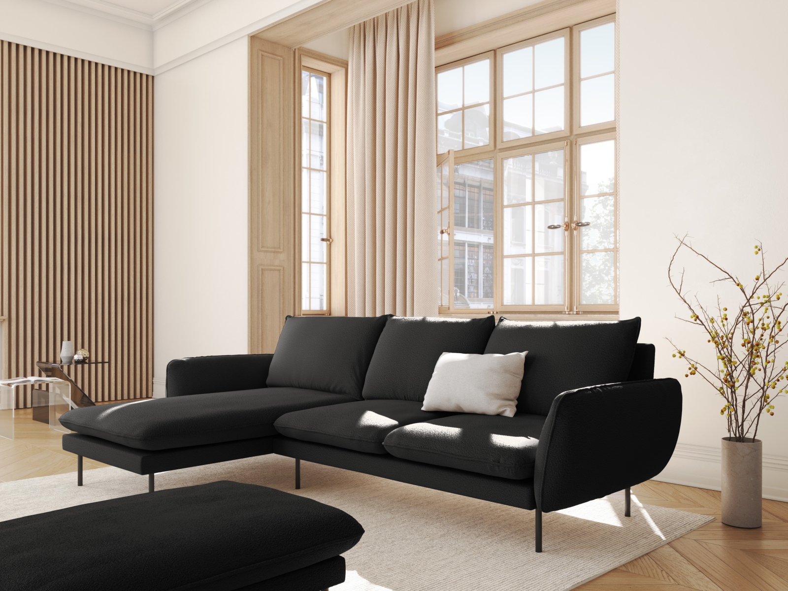 Cosmopolitan Design Ecksofa Vienna 5-Sitzer Boucle Ascot Schwarz Links Beine Schwarzes Metall