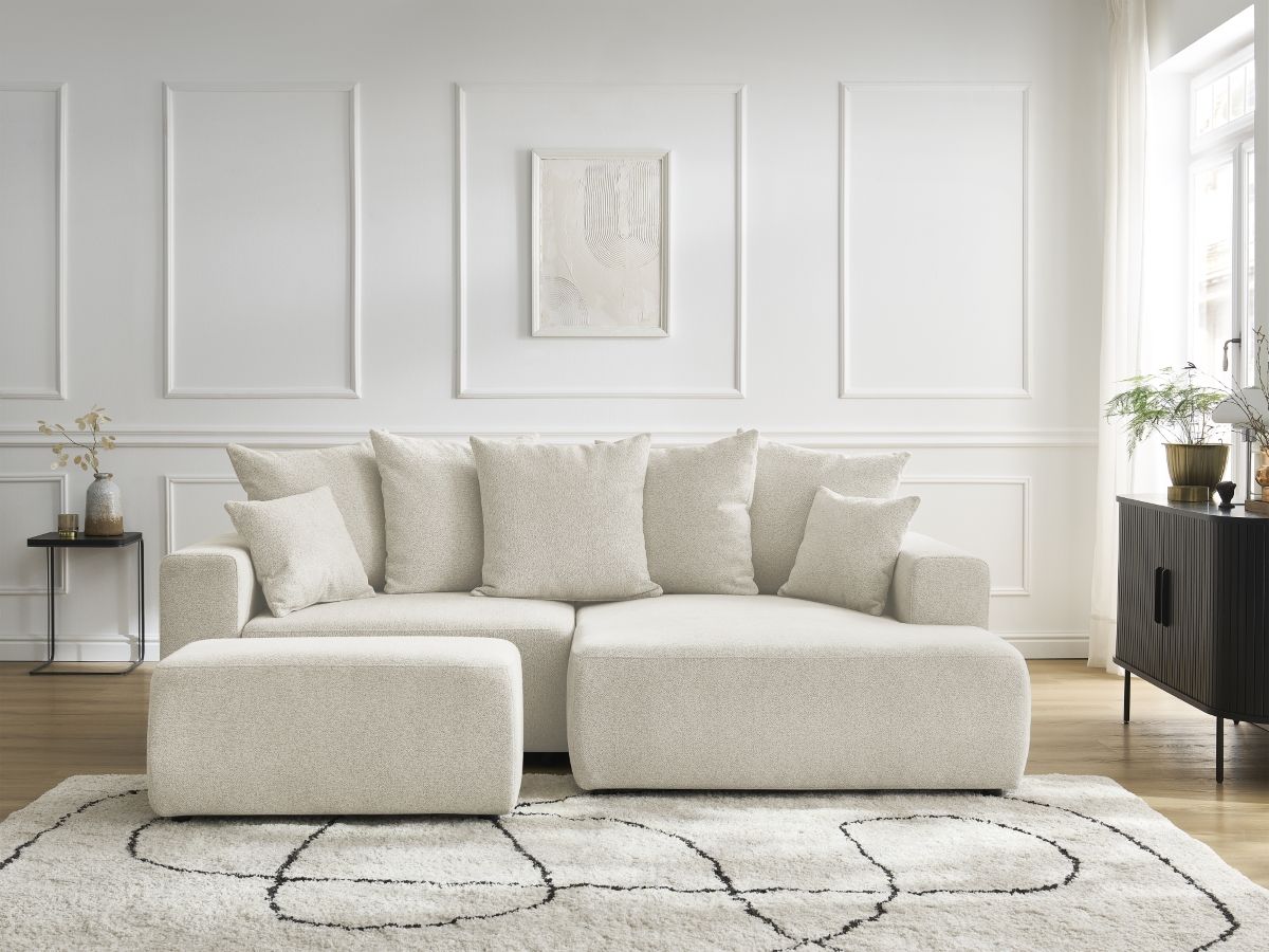 Bobochic Atilla Ecksofa mit Schlaffunktion und Bettkasten und Pouf Melange-Stoff Weiß Ecke rechts