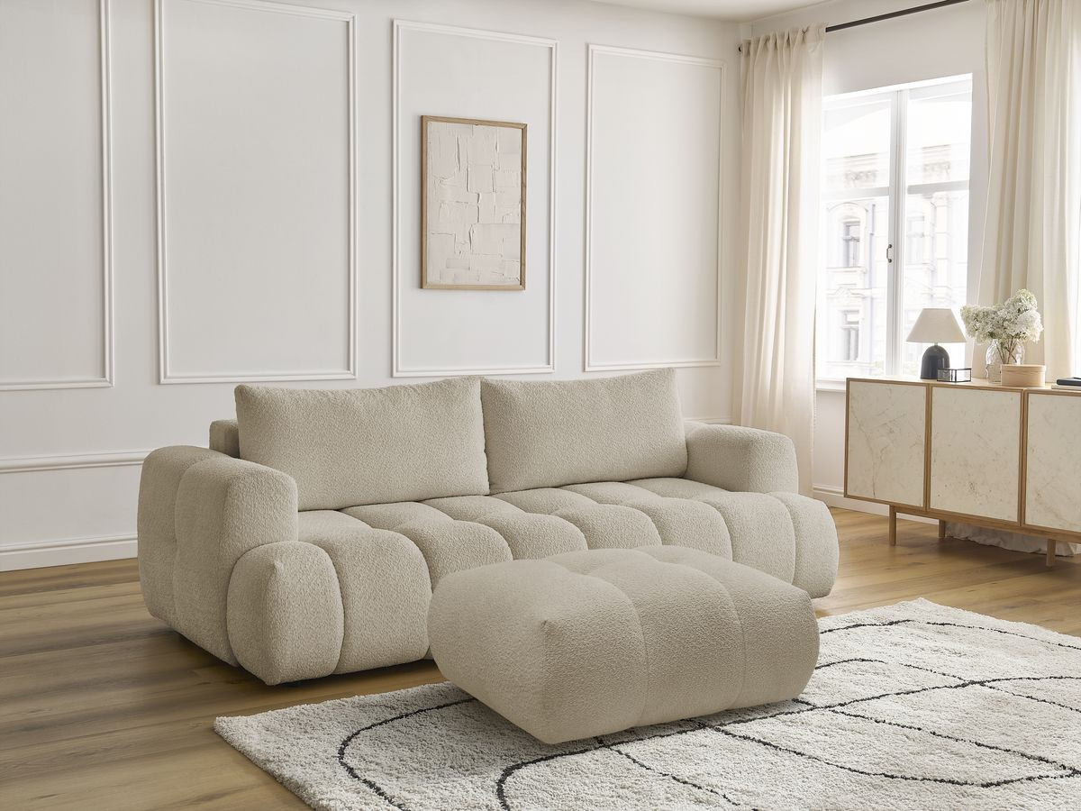 Bobochic Fuji Schlafsofa 3-Sitzer mit Bettkasten und Pouf Bouclé-Stoff Beige
