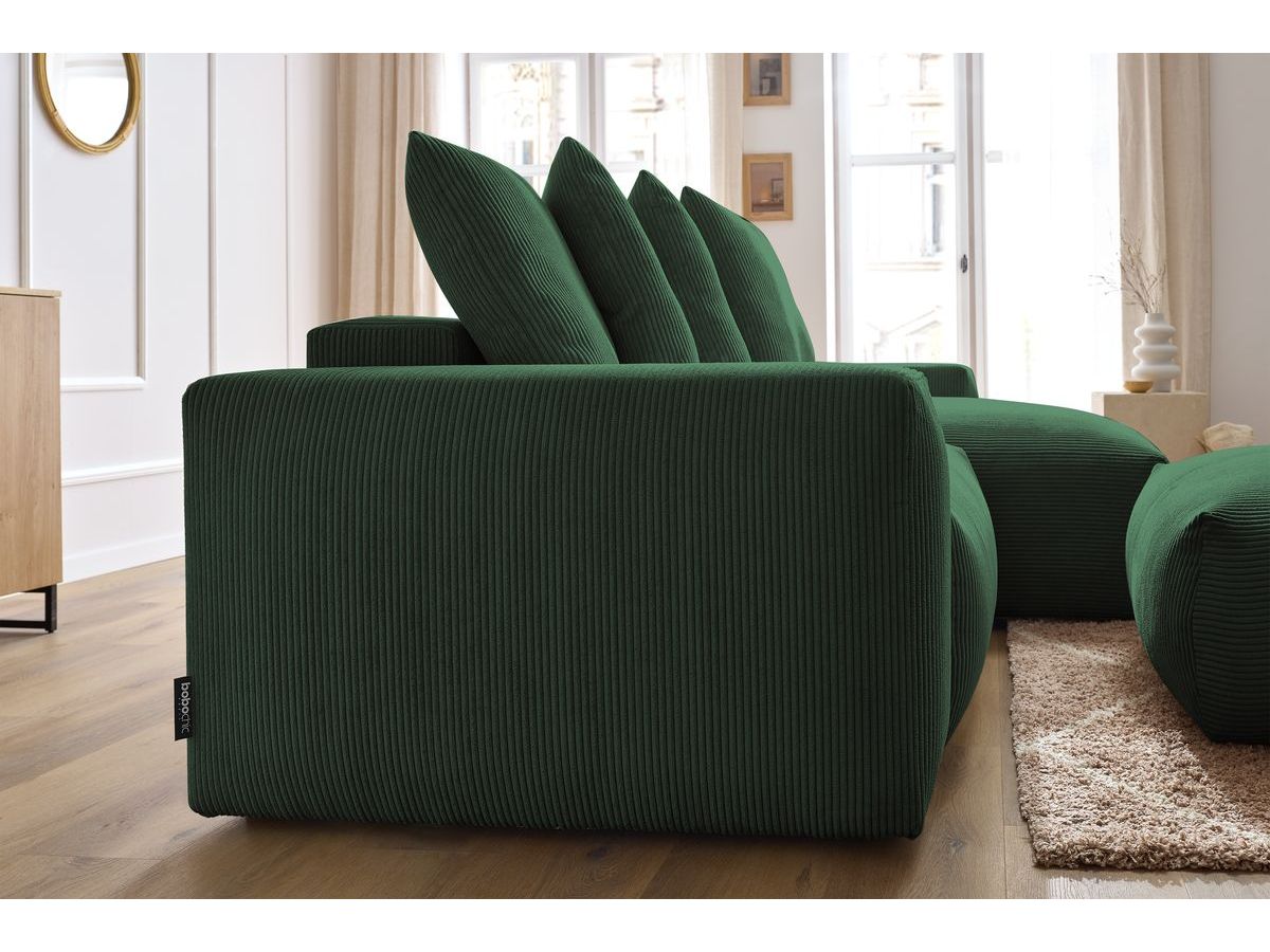 Bobochic Voltaire Ecksofa mit Schlaffunktion und Bettkasten und Pouf Cordsamt Grün