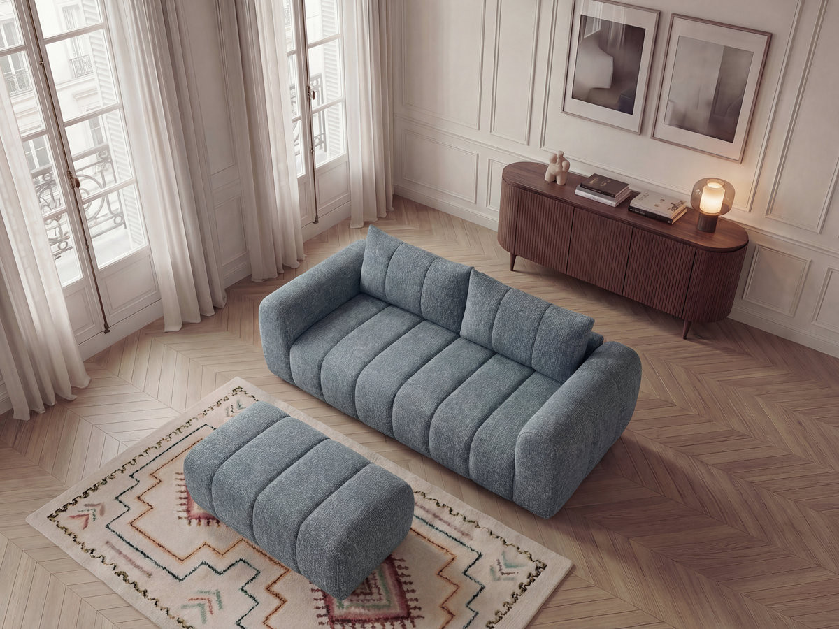 Bobochic Nesty Sofa 3-Sitzer mit Pouf Melange-Stoff Blau