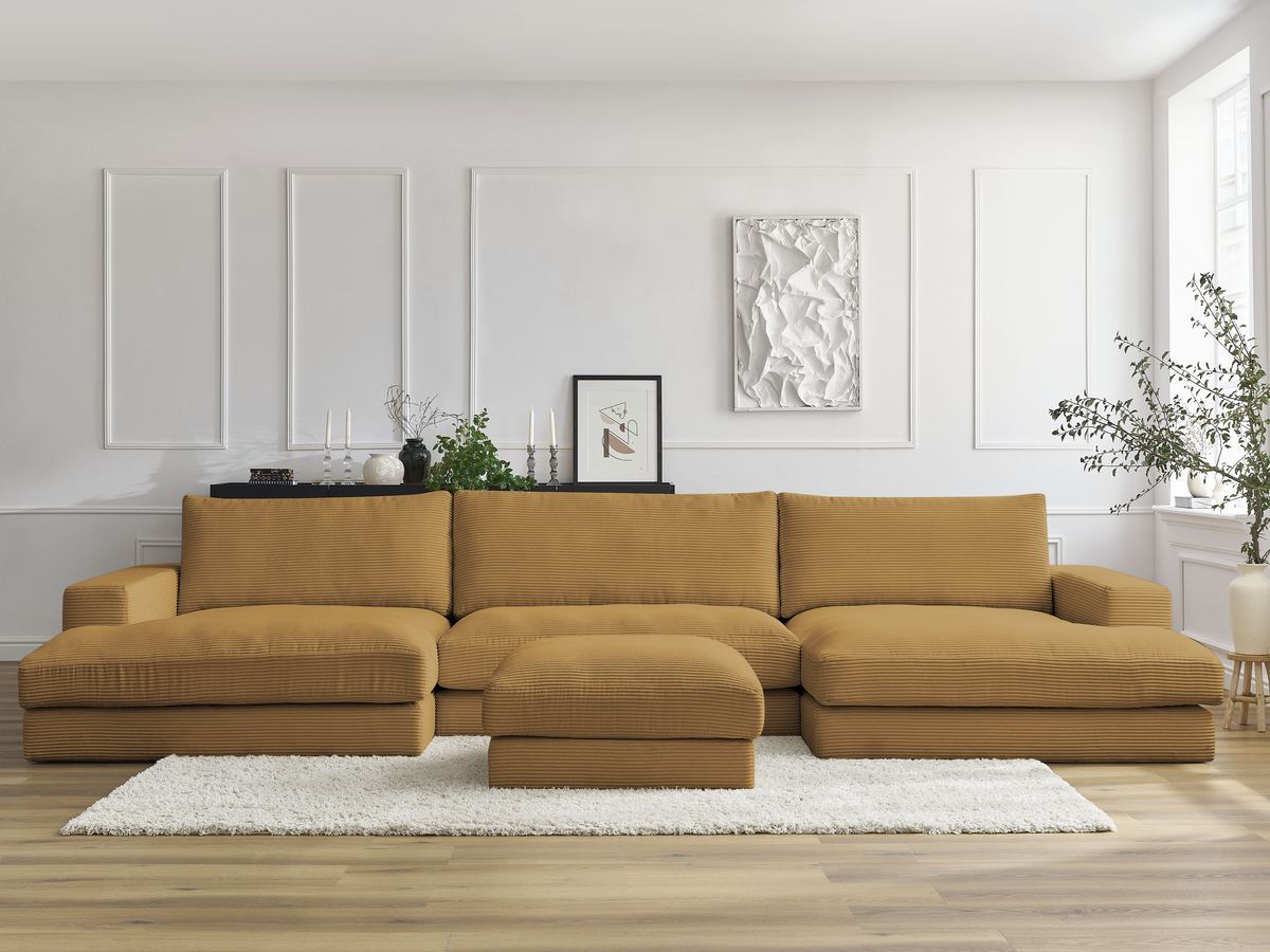 Bobochic Leonard Wohnlandschaft mit Pouf 404 × 159 cm Cordsamt Gelb