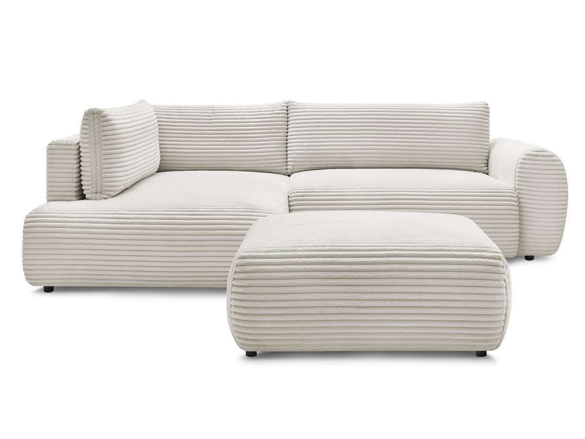 Bobochic Lucien Ecksofa mit Schlaffunktion und Bettkasten und Pouf 296 × 198 cm Breitcord weich Beige Ecke links