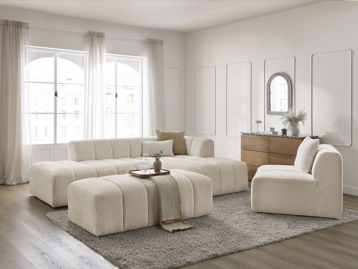 Bobochic Annecy Ecksofa mit Sofamodul und Pouf Bouclé-Stoff Beige Ecke rechts