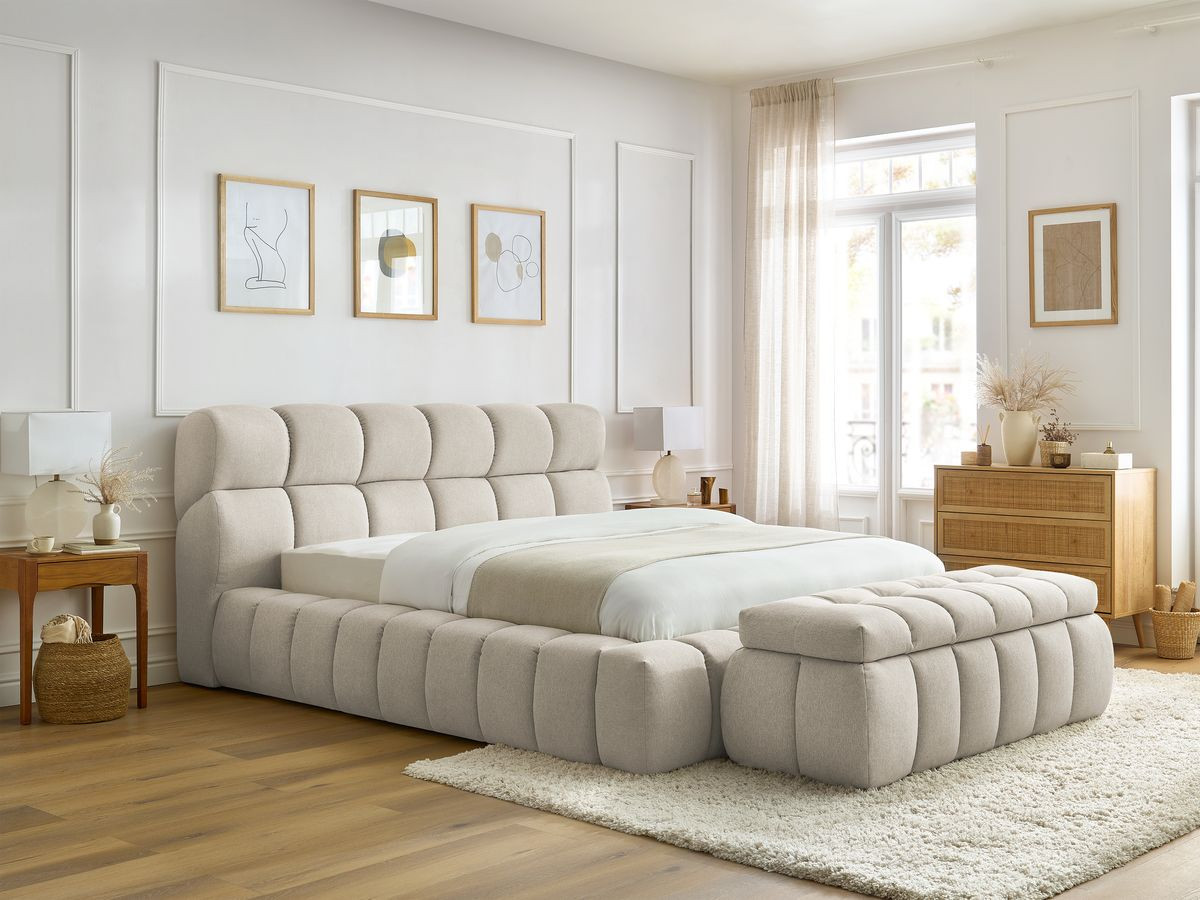 Bobochic Mont-blanc Polsterbett mit Bettkasten mit Bettbank Stoff Beige, Liegefläche 140 × 190 cm