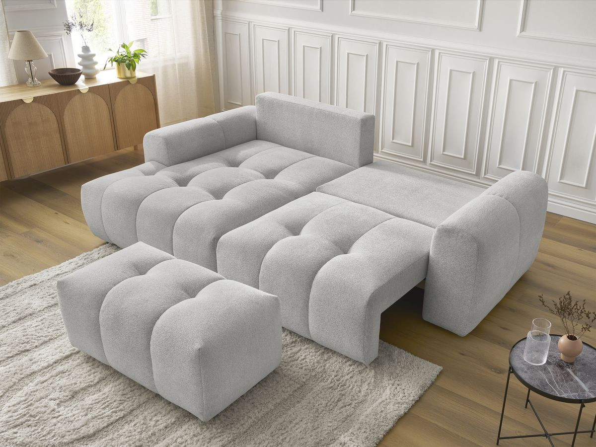 Bobochic Roxelane Ecksofa mit Schlaffunktion und Bettkasten und Pouf 258 × 150 cm Melange-Stoff Hellgrau Ecke links
