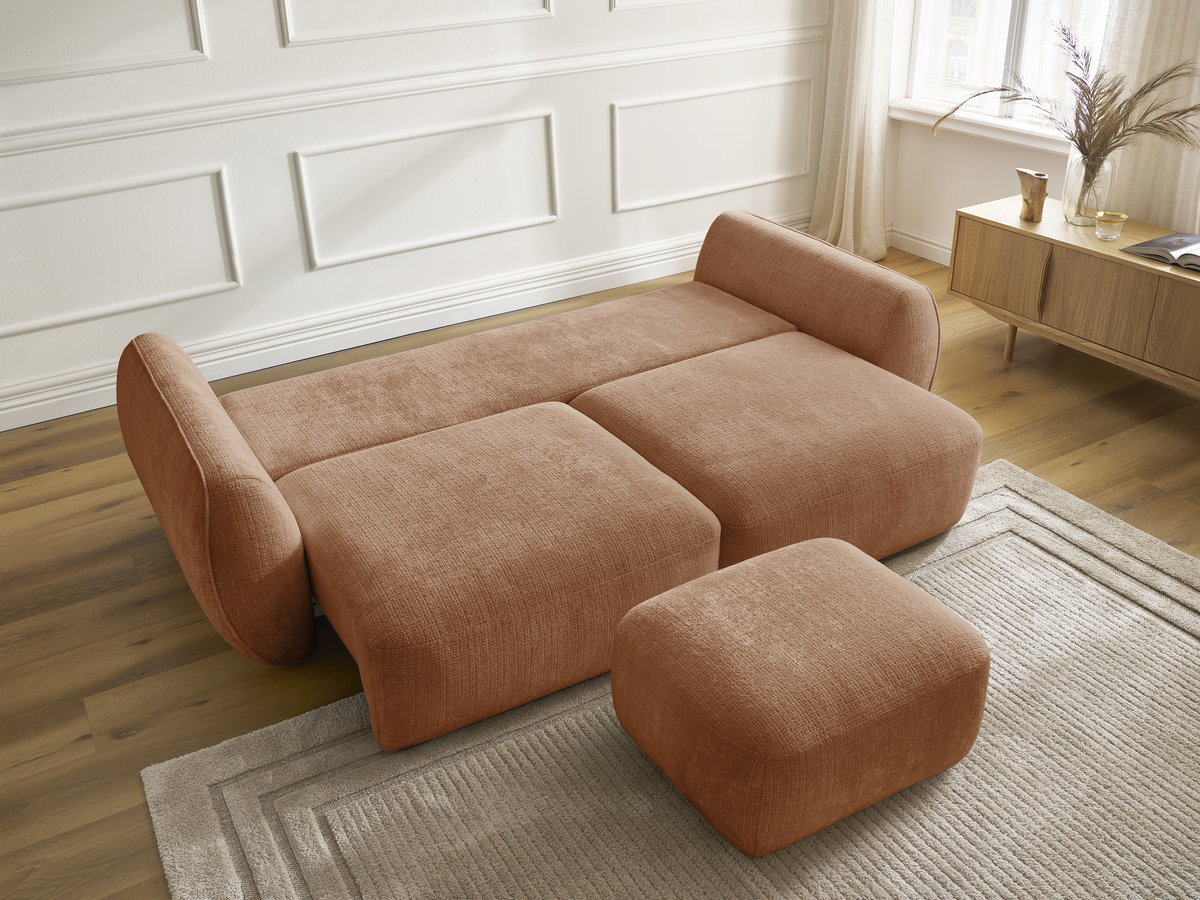 Bobochic Denise Schlafsofa 3-Sitzer mit Bettkasten und Pouf Strukturstoff Orange
