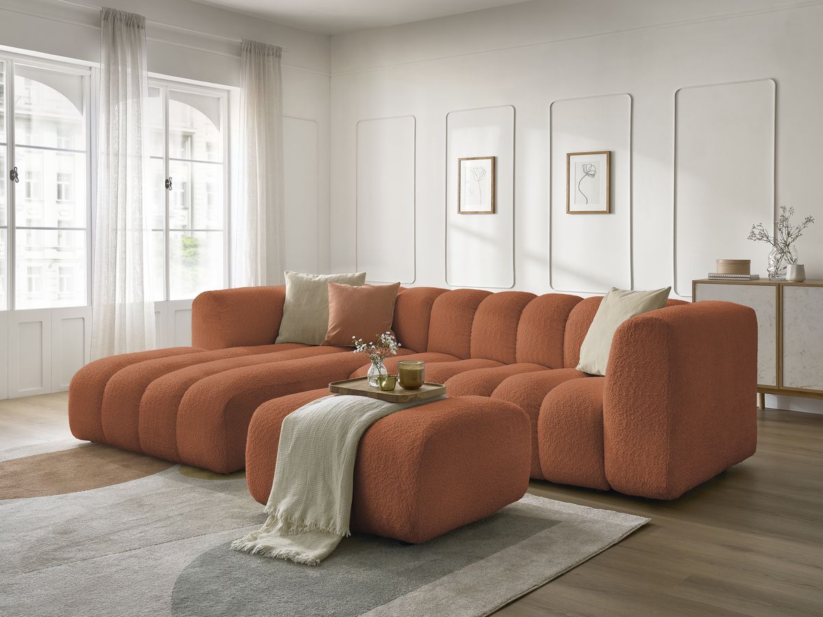 Bobochic Talia Ecksofa mit Pouf Bouclé-Stoff Orange Ecke links