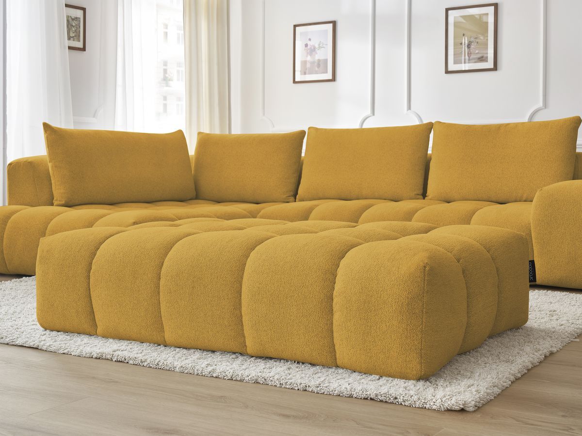 Bobochic Everest Ecksofa mit Schlaffunktion und Pouf, 4 Kissen Melange-Stoff Gelb Ecke links
