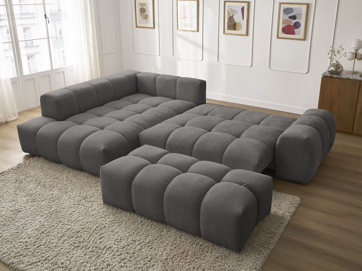 Bobochic Everest Ecksofa mit Schlaffunktion und Bettkasten und Pouf 320 × 212 cm, 10 Kissen Strukturstoff Dunkelgrau Ecke links