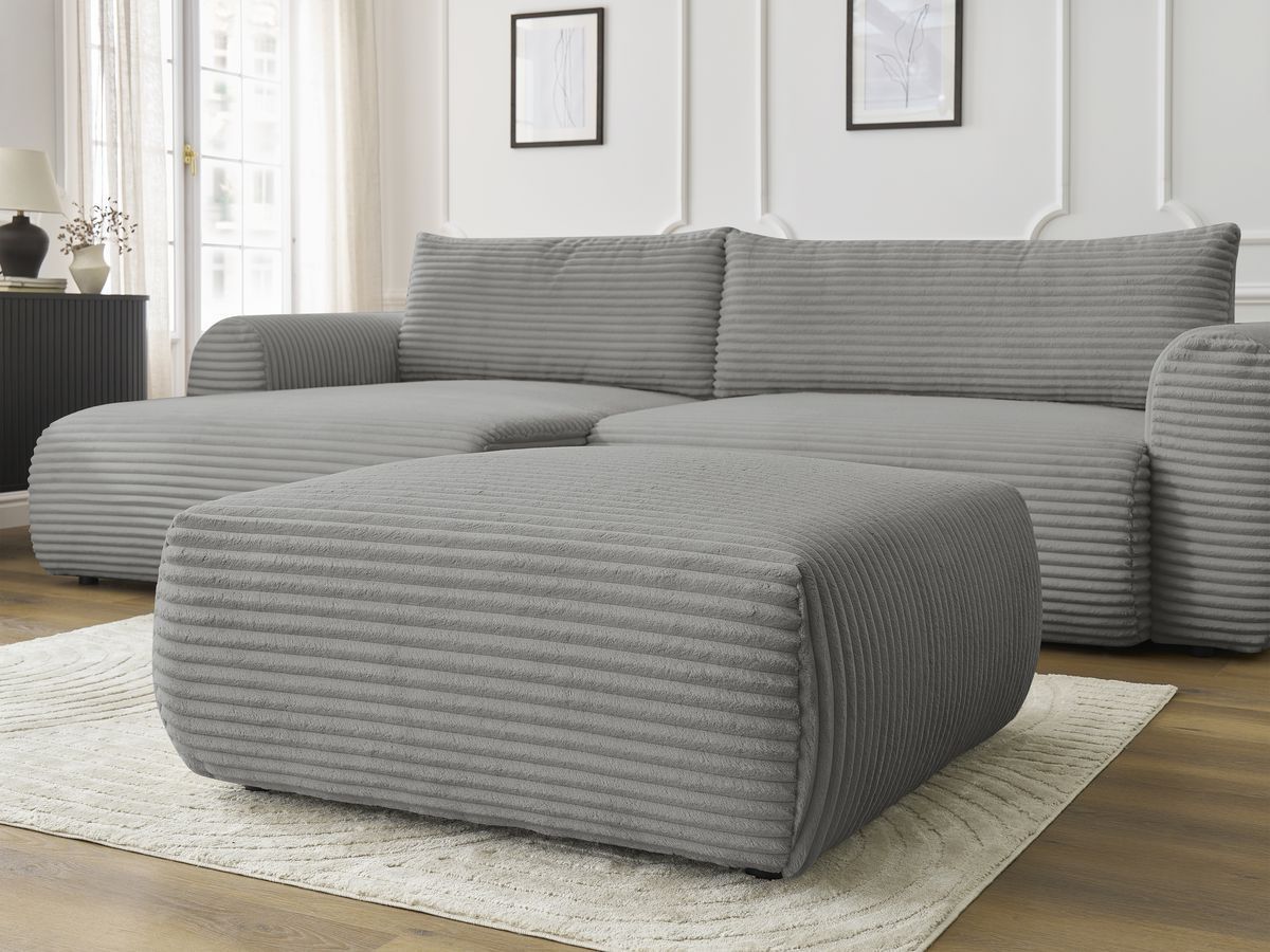 Bobochic Lucien Ecksofa mit Schlaffunktion und Bettkasten und Pouf 314 × 167 cm Breitcord weich Dunkelgrau Ecke links