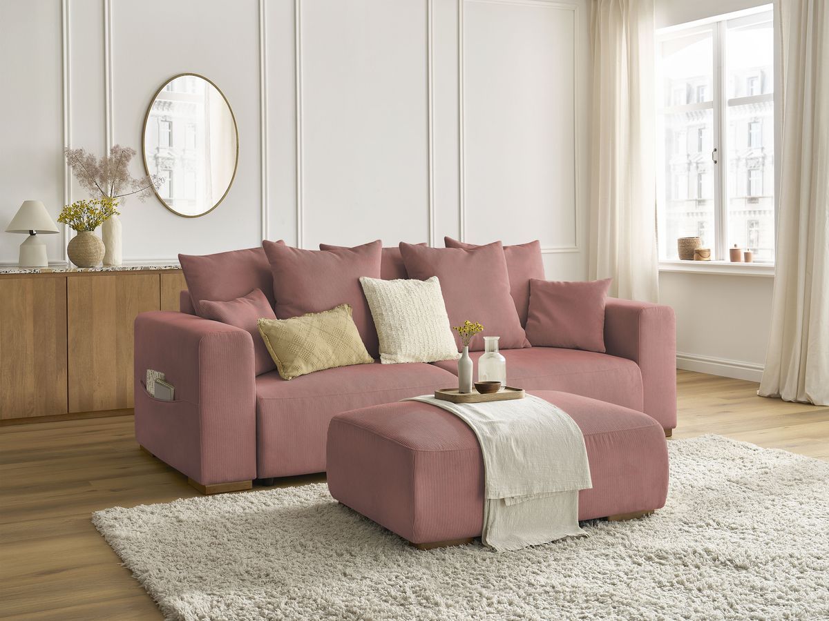 Bobochic Sidonie Schlafsofa 4-Sitzer mit Bettkasten und Pouf Cordsamt Rosa
