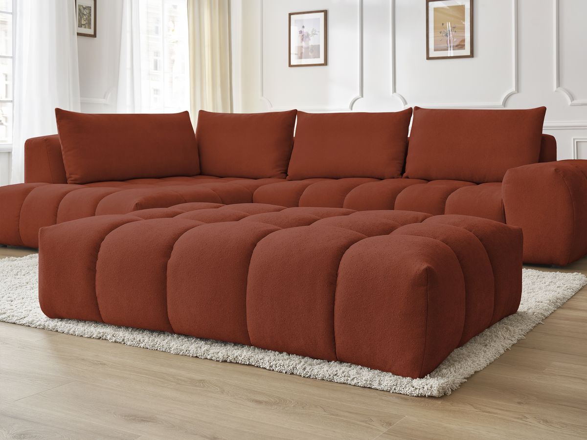 Bobochic Everest Ecksofa mit Schlaffunktion und Pouf, 4 Kissen Strukturstoff Orange Ecke links