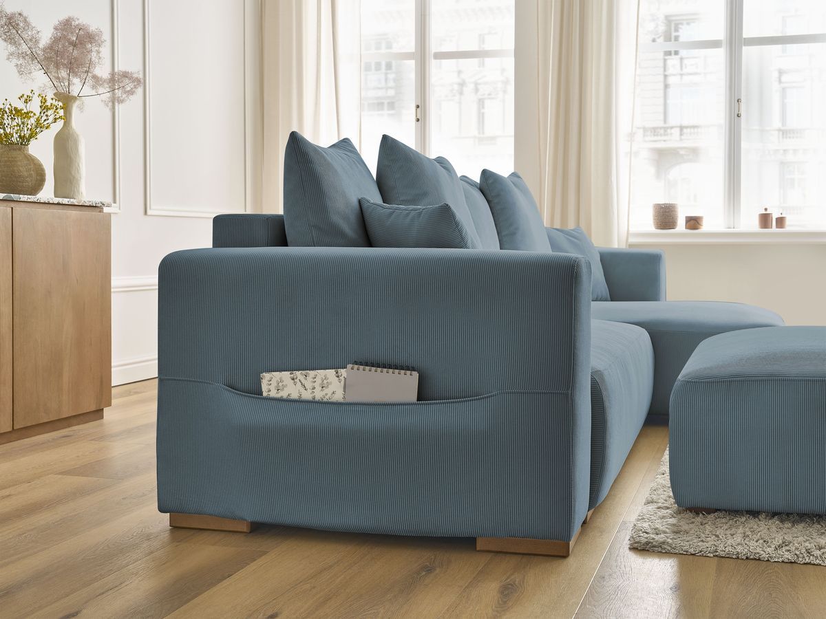 Bobochic Sidonie Ecksofa mit Schlaffunktion und Bettkasten und Pouf Cordsamt Dunkelblau