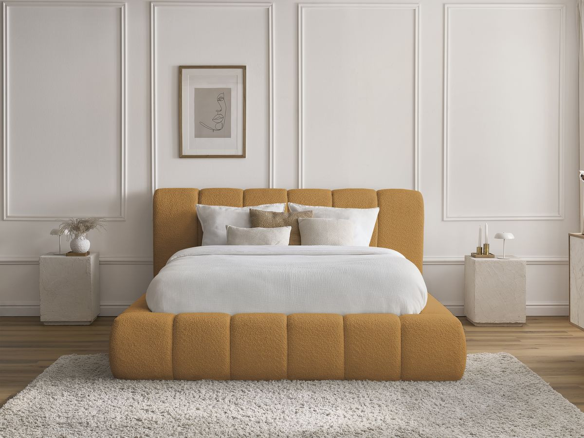 Bobochic Denali Polsterbett mit Bettkasten Bouclé-Stoff Gelb, Liegefläche 140 × 190 cm