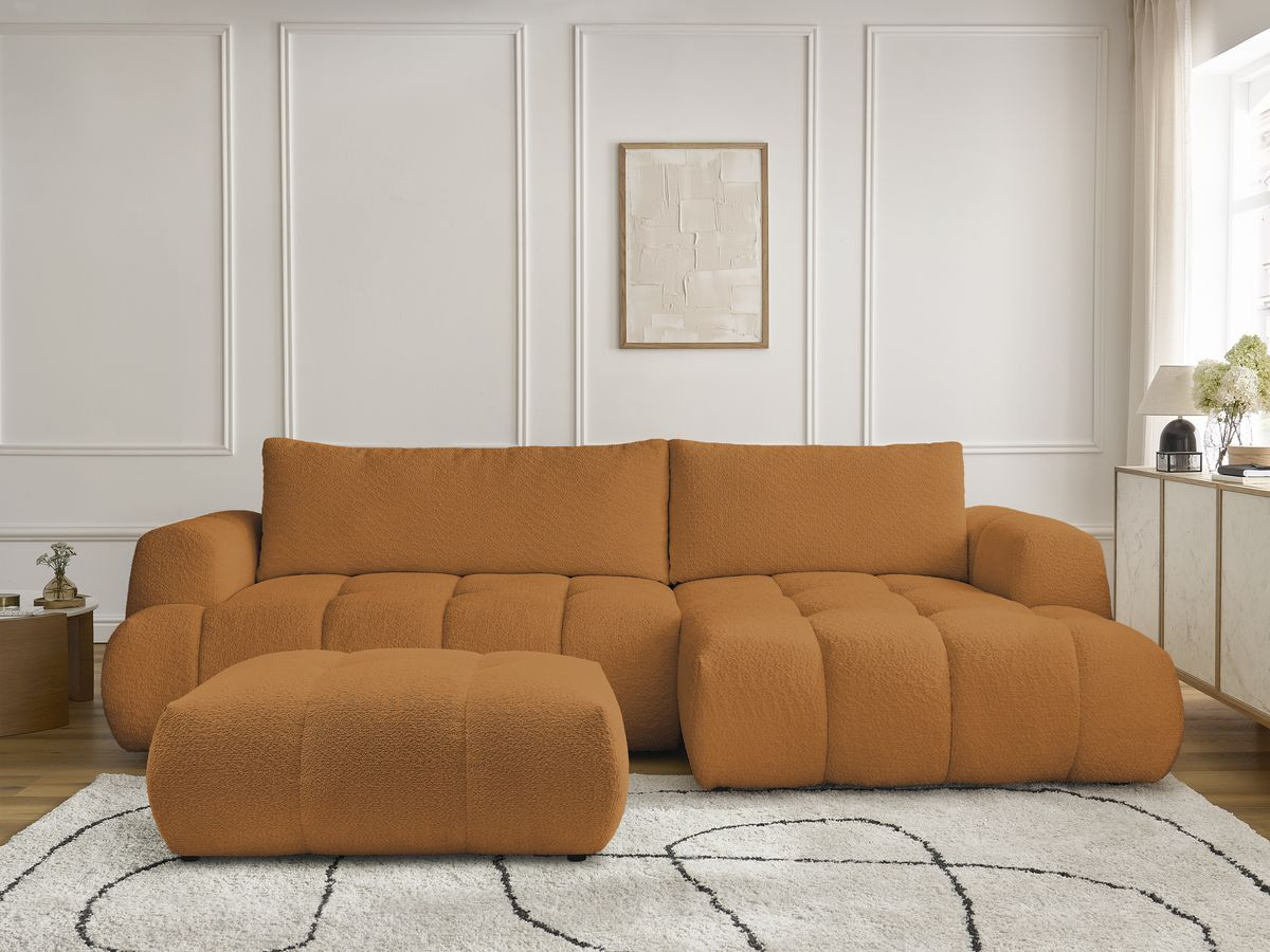 Bobochic Fuji Ecksofa mit Schlaffunktion und Bettkasten und Pouf 292 × 160 cm Bouclé-Stoff Gelb Ecke rechts