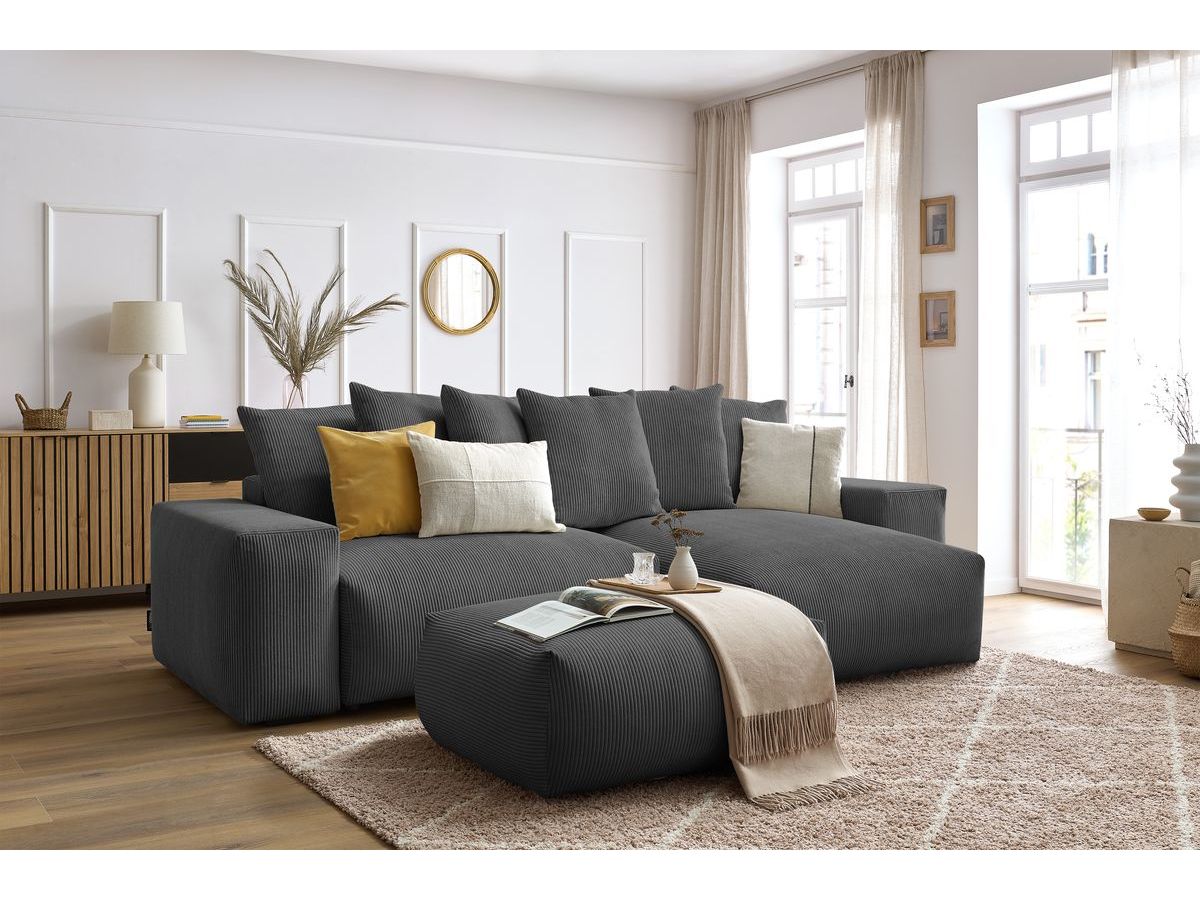 Bobochic Voltaire Ecksofa mit Schlaffunktion und Bettkasten und Pouf Cordsamt Dunkelgrau