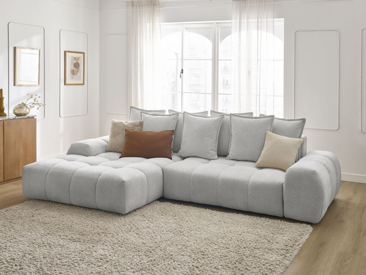 Bobochic Everest Ecksofa mit Schlaffunktion und Bettkasten 318 × 180 cm, 7 Kissen Melange-Stoff Hellgrau Ecke links