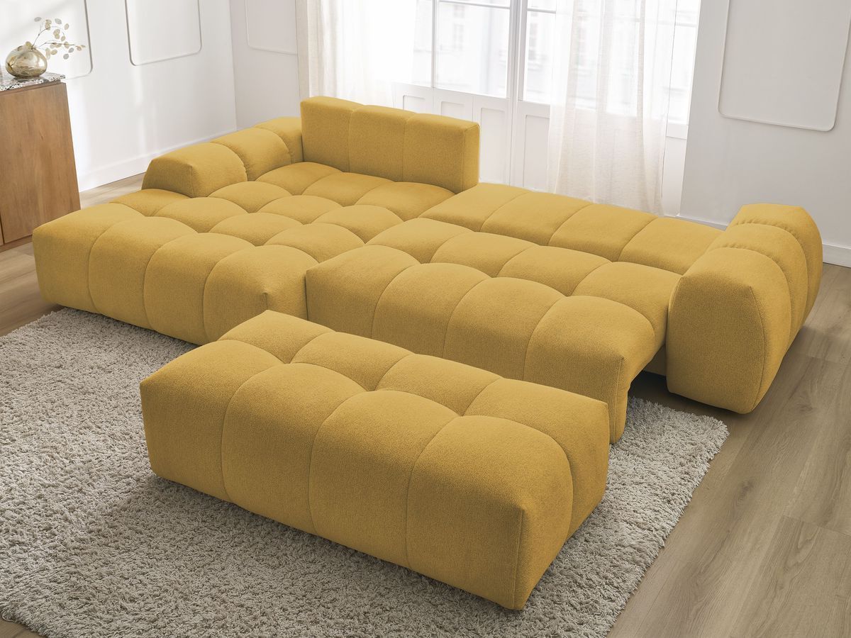 Bobochic Everest Ecksofa mit Schlaffunktion und Bettkasten und Pouf 318 × 180 cm, 3 Kissen Melange-Stoff Gelb Ecke links