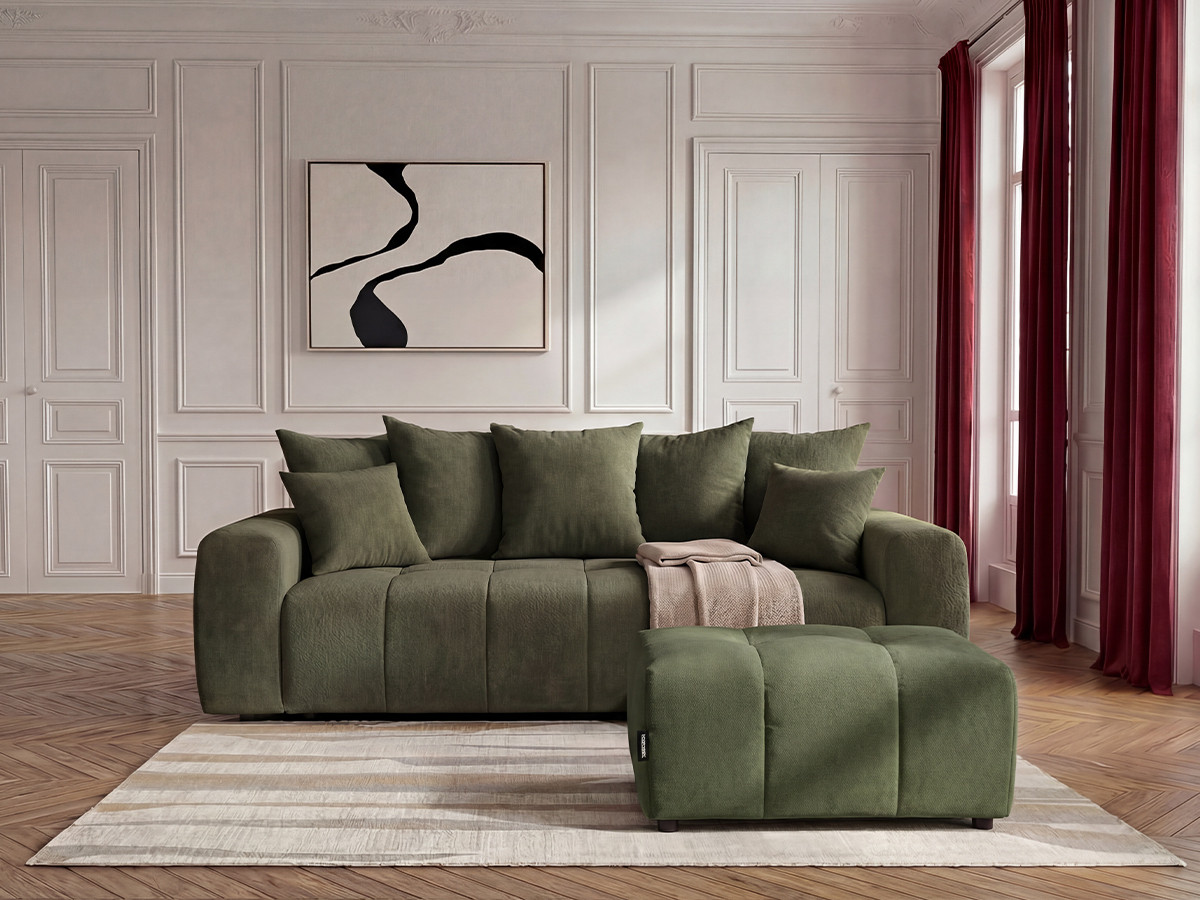 Bobochic Roxelane Schlafsofa 3-Sitzer mit Bettkasten und Pouf Melange-Stoff Grün