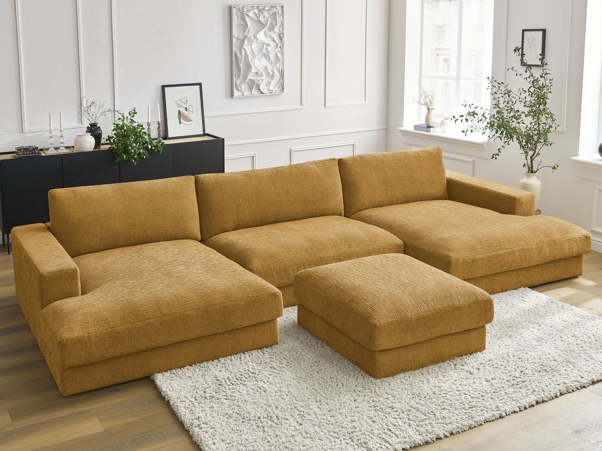 Bobochic Leonard Wohnlandschaft mit Pouf 404 × 159 cm Strukturstoff Gelb