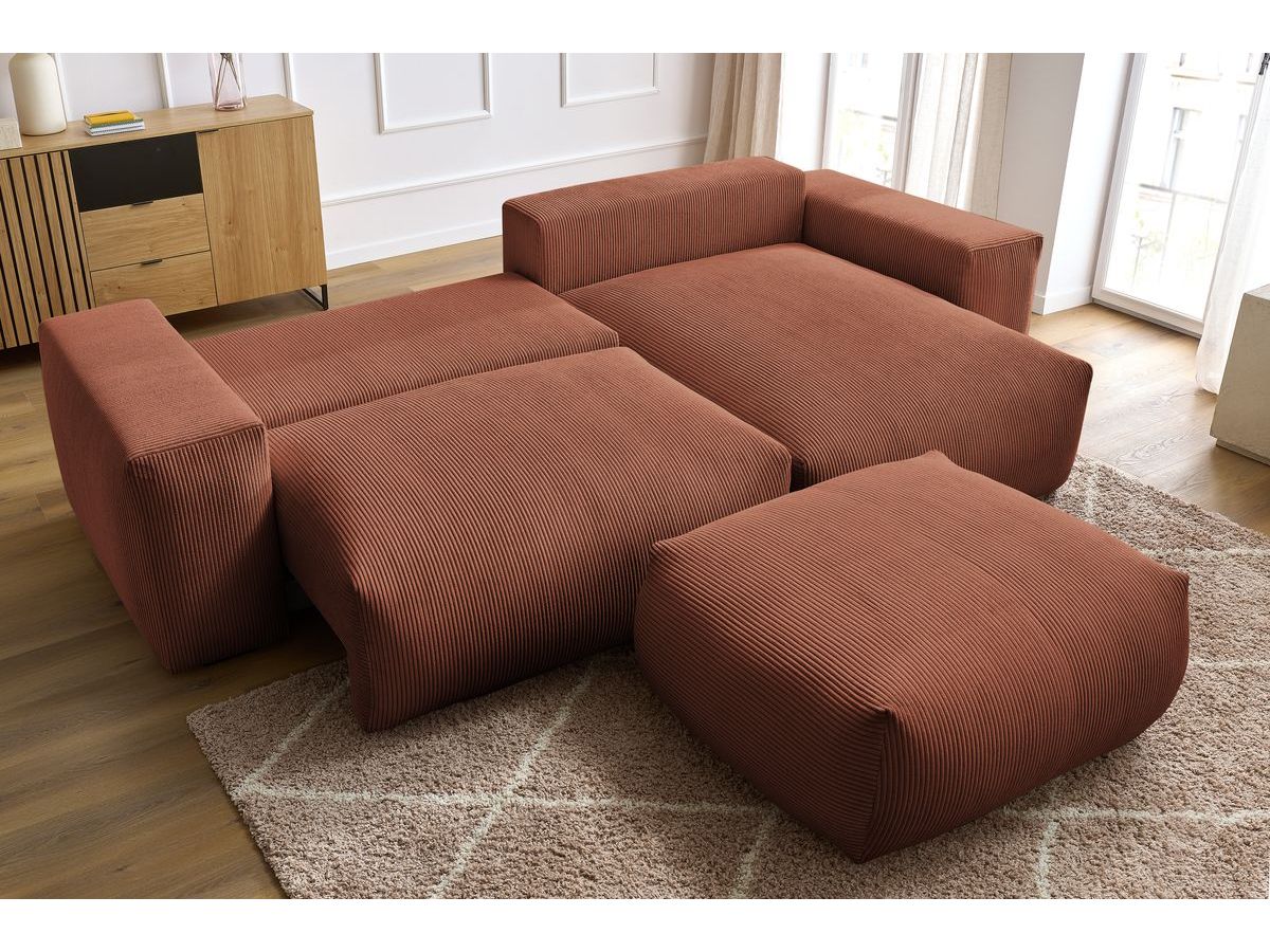 Bobochic Voltaire Ecksofa mit Schlaffunktion und Bettkasten und Pouf Cordsamt Orange