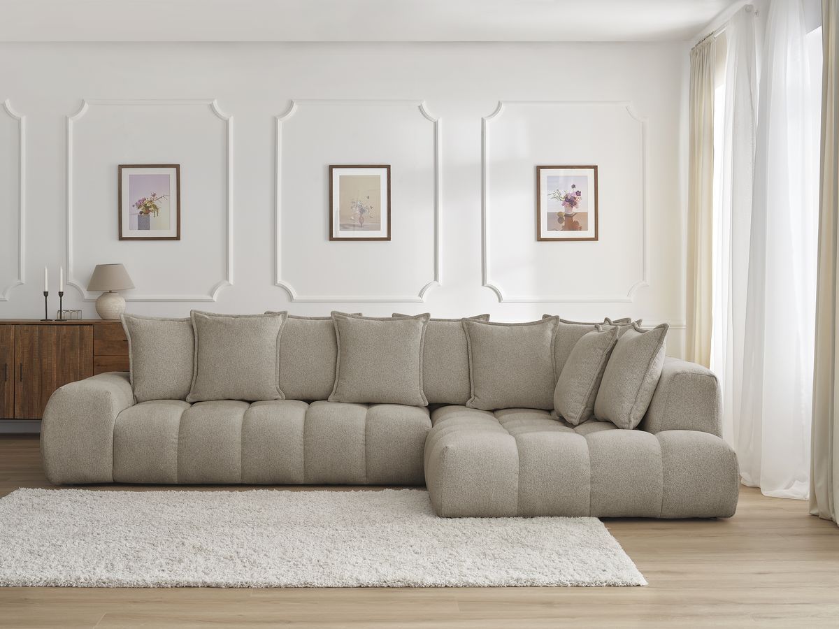 Bobochic Everest Ecksofa, 10 Kissen Melange-Stoff Taupe Ecke rechts
