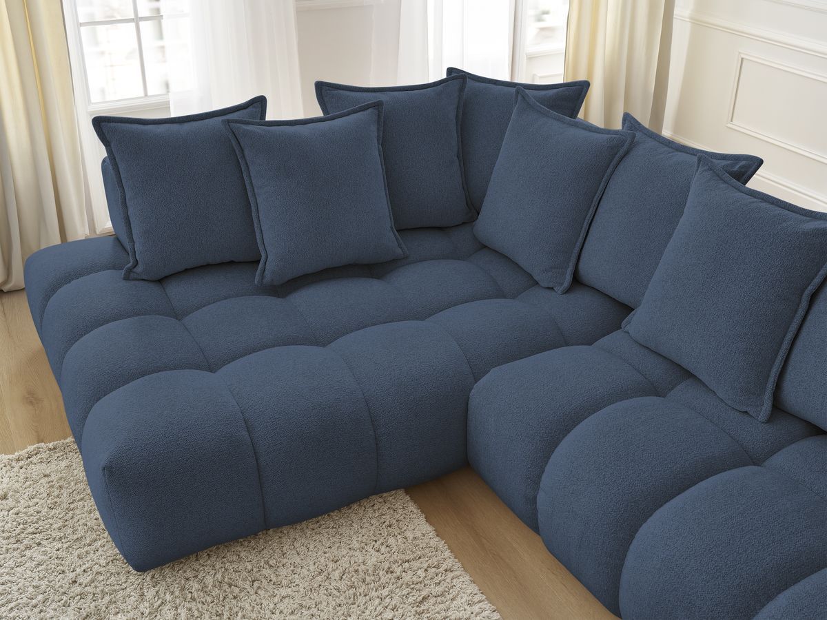 Bobochic Everest Ecksofa mit Schlaffunktion und Pouf, 10 Kissen Melange-Stoff Dunkelblau Ecke links