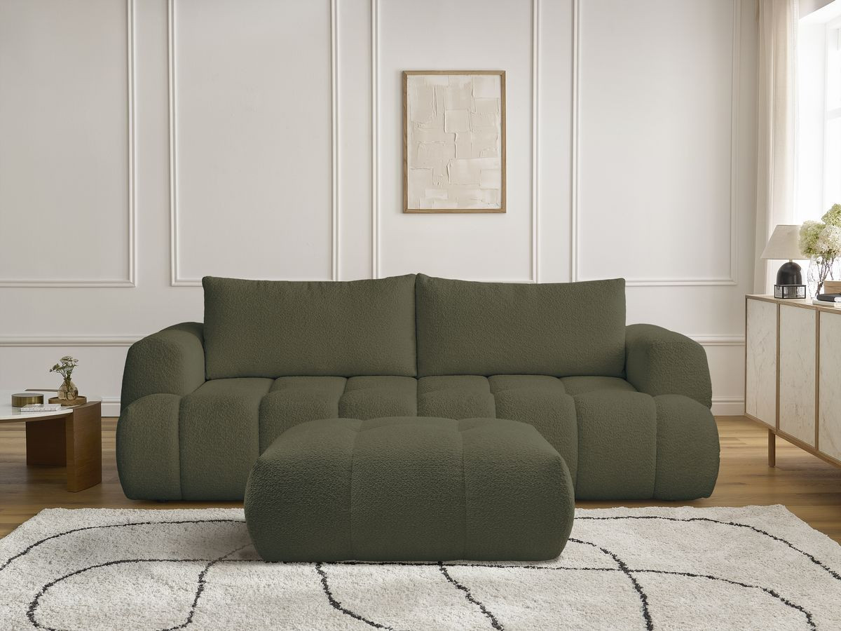 Bobochic Fuji Schlafsofa 3-Sitzer mit Bettkasten und Pouf Bouclé-Stoff Grün