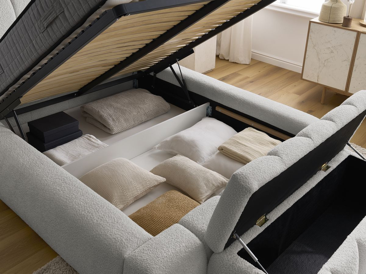 Bobochic Denali Polsterbett mit Bettkasten mit Bettbank Bouclé-Stoff Hellgrau, Liegefläche 160 × 200 cm