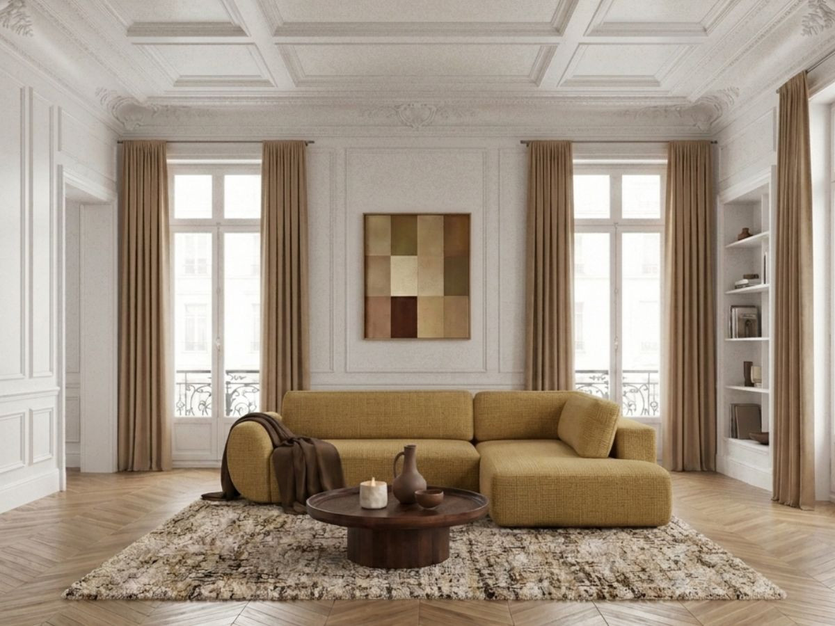 Bobochic Denise Ecksofa mit Schlaffunktion und Bettkasten 256 × 197 cm Strukturstoff Gelb Ecke rechts